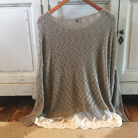 TAUPE LACE RUFFLE HEM BOHO PLUS SZ SWEATER TOP 3X - Picture 3 of 6